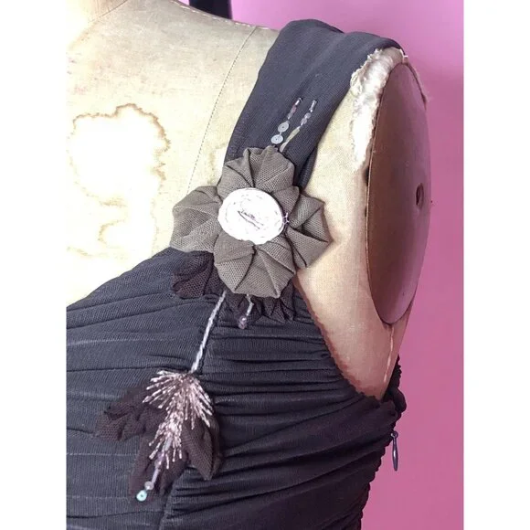 Y2K SUE WONG Chocolate Brown RUCHED Draped Floral Appliqué, Sequins, and Beads,